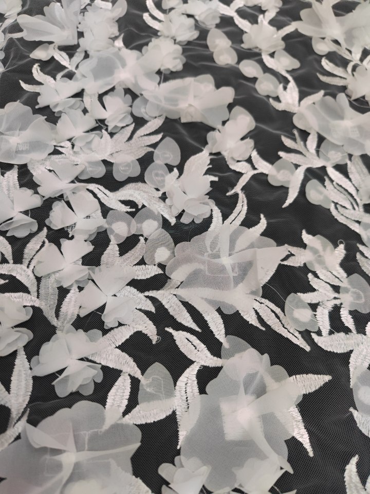 White Floral and Leaf Pattern with Mesh 3D Flower Embroidery Fabric HF0120A  embroidery fabric,bridal dress fabric,fashion fabric