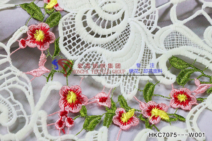 Multi-colored Flowers and Leaves Pattern Chemical Embroidery Fabric for Lady Dress HKC7075  flower fabric,embroidery fabric,textile company