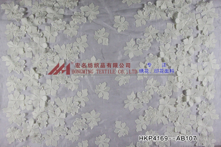 Elegant Flowers Pattern Plain Embroidery Fabric with 3D applique for lady dress HKP4169  textile company,embroidery