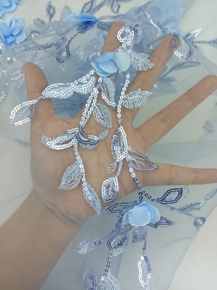 Bule 3D Floral and Leaves with sequins Embroidery Fabric HKZ9988-R401  sequins