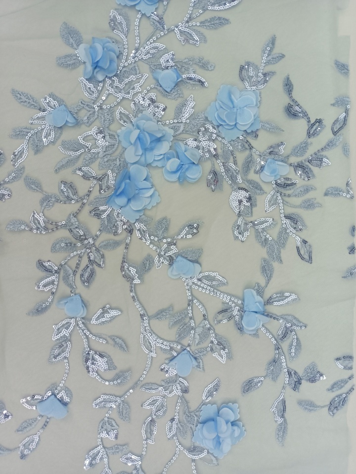 Bule 3D Floral and Leaves with sequins Embroidery Fabric HKZ9988-R401  sequins