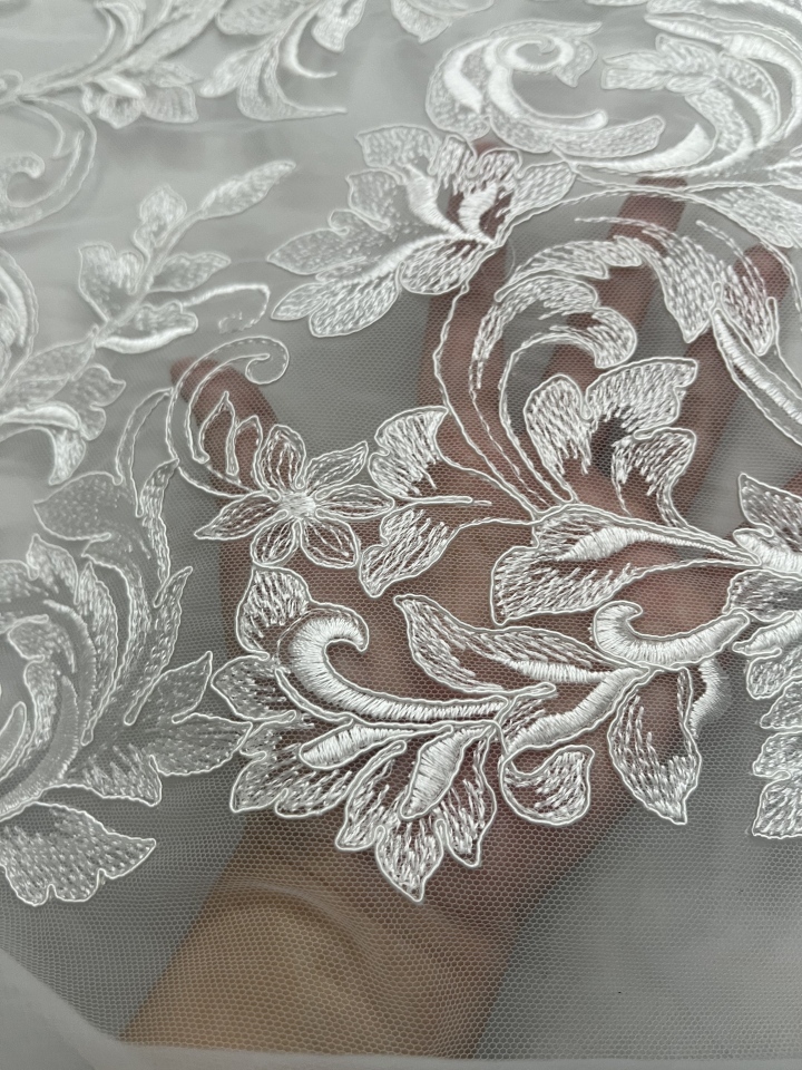 Classic White Flowers and leaves Pattern with Cord Plain Embroidery HKP10023-W501  