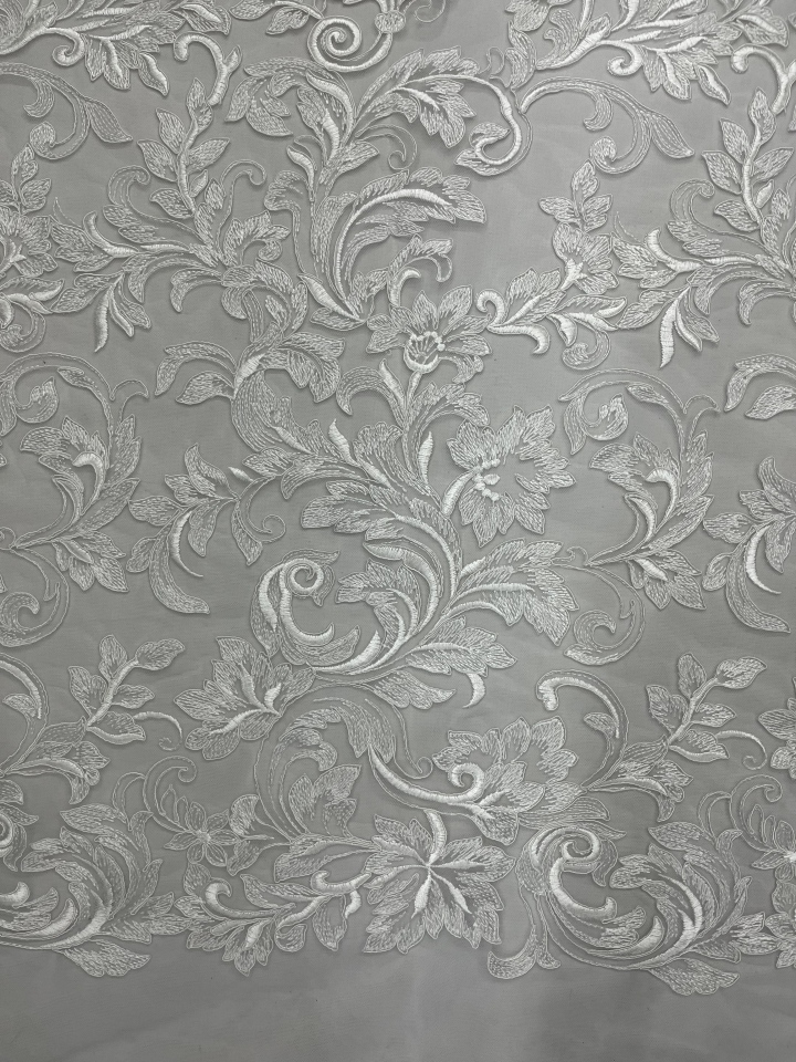 Classic White Flowers and leaves Pattern with Cord Plain Embroidery HKP10023-W501  