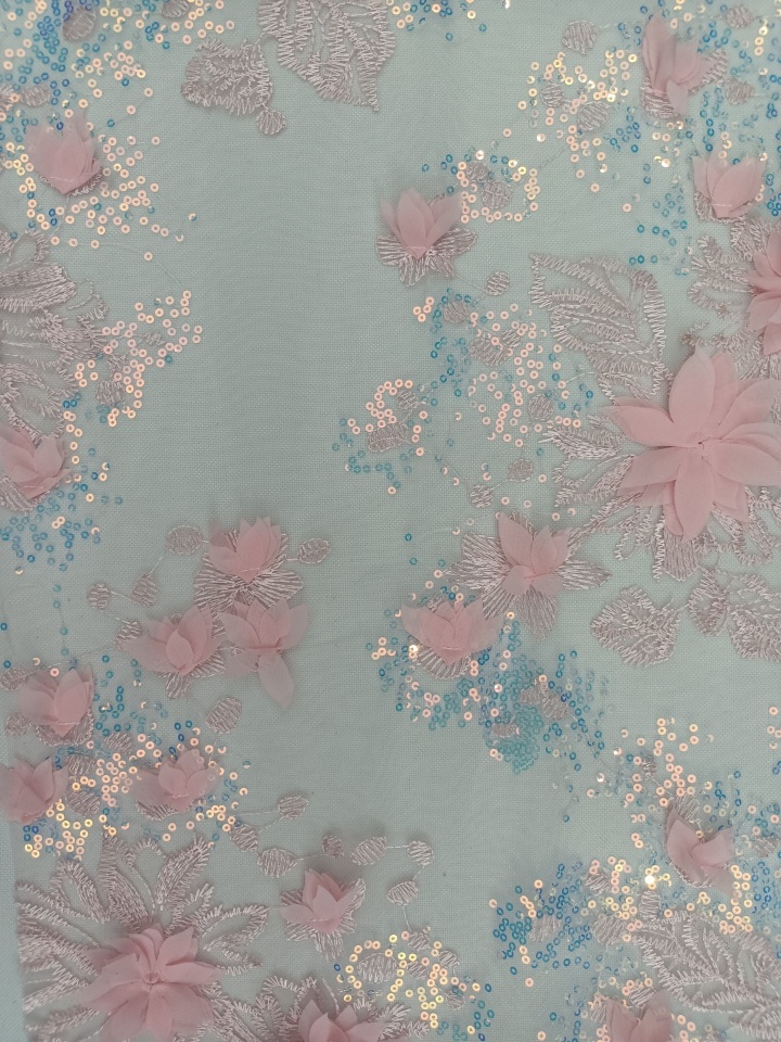 New Styles Dreamy Floral and Leaves Pattern with 3D Applique Shiny Sequins Embroidery Fabric  HKZ9977  Sequins Embroidery Fabric,3d flower fabric,fashion fabric