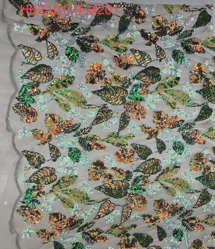 Multi-Colored Leaf Pattern Sequins Embroidery Fabric HKZ1019  multi-colored embroidery fabric,fashion fabric,sequins fabric