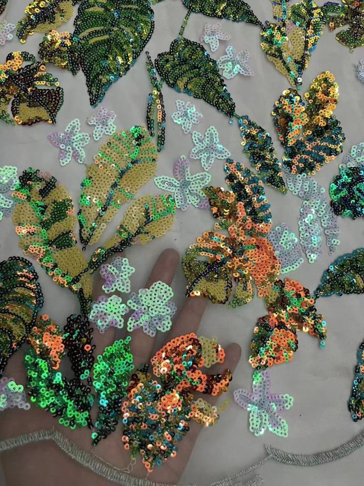 Multi-Colored Leaf Pattern Sequins Embroidery Fabric HKZ1019  multi-colored embroidery fabric,fashion fabric,sequins fabric