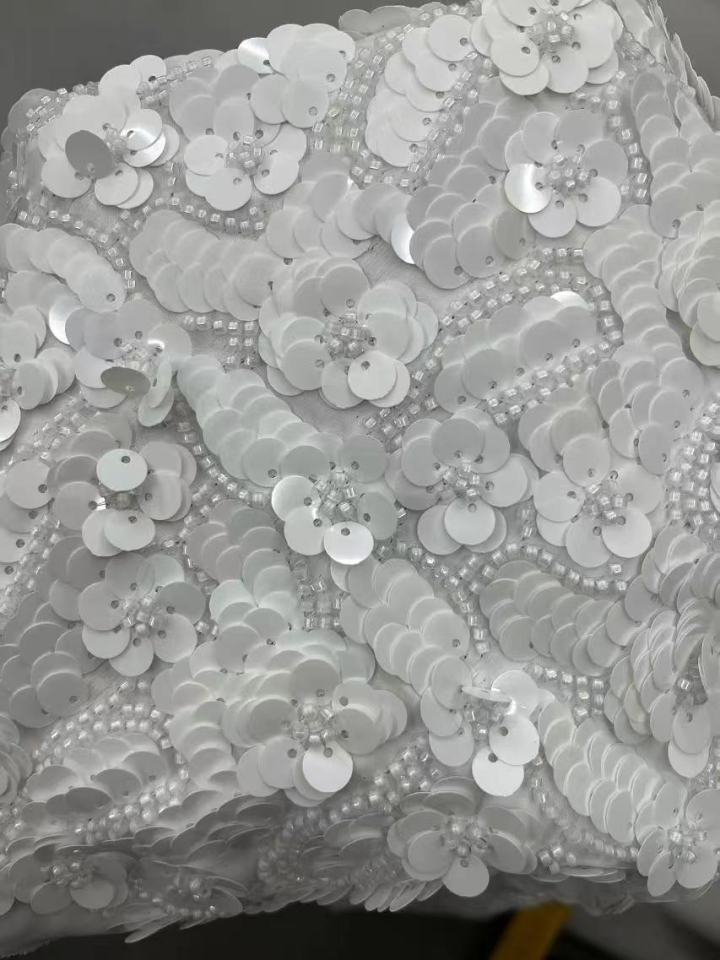 New Styles White Floral Pattern with Beads Sequins Embroidery Fabric HKZ10138  fashion fabric,new styles embroidery fabric,textile factory
