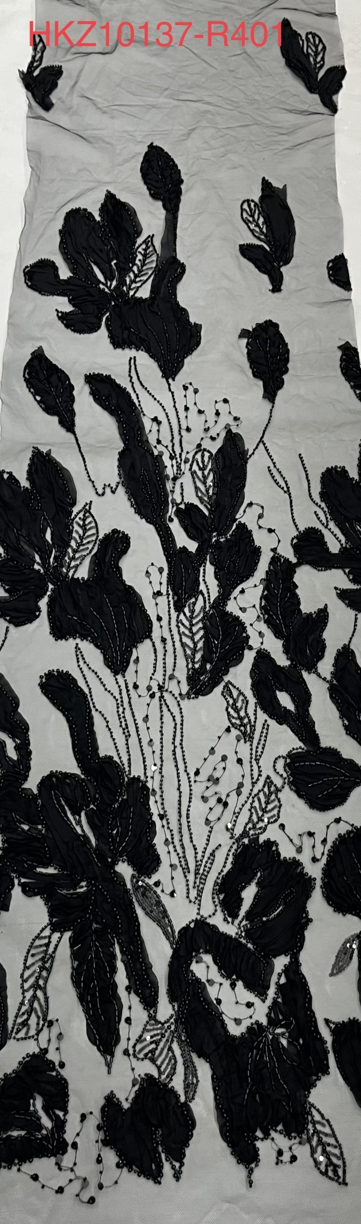 Latest Styles Black Leaf Pattern with Beads Sequins Embroidery Fabric HKZ10137  sequins embroidery