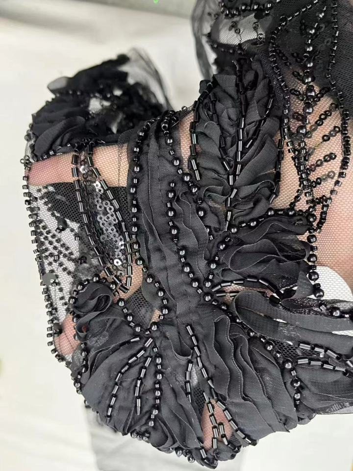 Latest Styles Black Leaf Pattern with Beads Sequins Embroidery Fabric HKZ10137  sequins embroidery