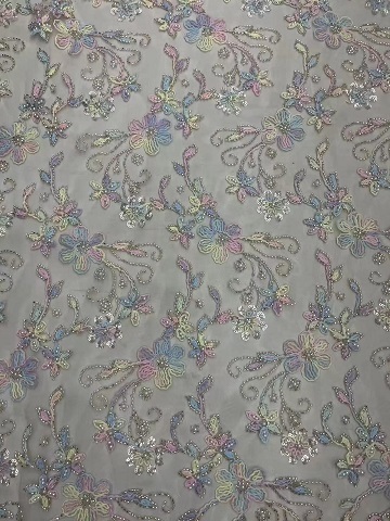 Creative Multi-colored Flowers Pattern with Colling Embroidery Sequins Embroidery Fabric HKZ10131  sequins embroidery fabric,colling embroidery,multi-colored embroidery fabric