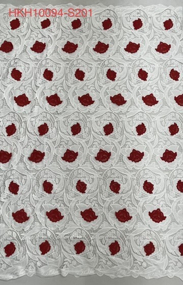 Red Flower Pattern with Chiffon Fabric Laser Cutting Embroidery Lace HKH10094  Laser Cutting Embroidery Lace,cotton fabric,wedding dress fabric