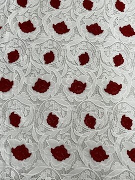 Red Flower Pattern with Chiffon Fabric Laser Cutting Embroidery Lace HKH10094  Laser Cutting Embroidery Lace,cotton fabric,wedding dress fabric