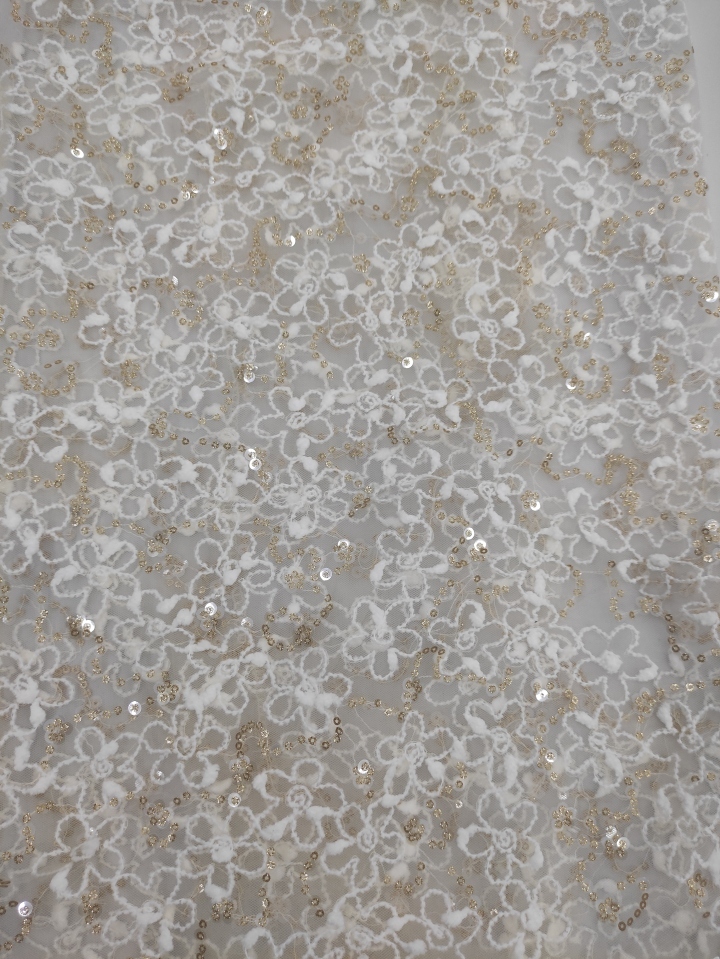 Beautiful Embroidery With White Flower Pattern And Sequins Embroidery Fabric HKZ9902  sequins embroidery factory
