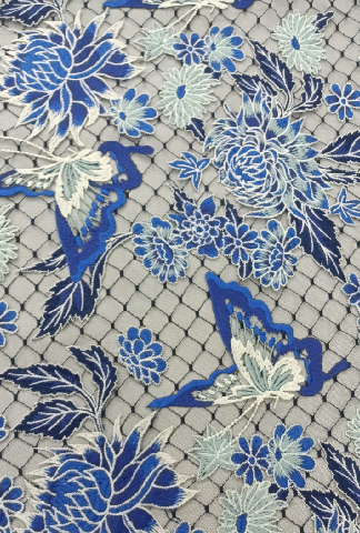 Intricate Design with Blue And White Patterns Chemical Lace Embroidery Fabric HKC10203  colorful patterns,beautiful flowers embroidery,Chemical Lace