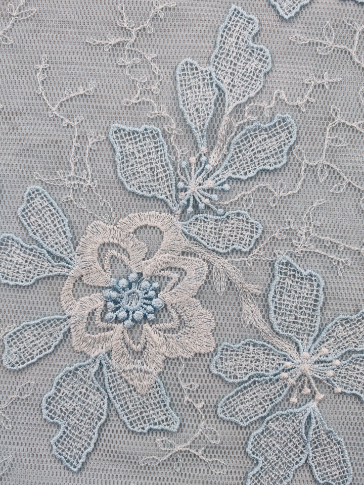 Beautiful embroidery with Blue White Flowers Patterns Plain Embroidery Fabric HKC10247
