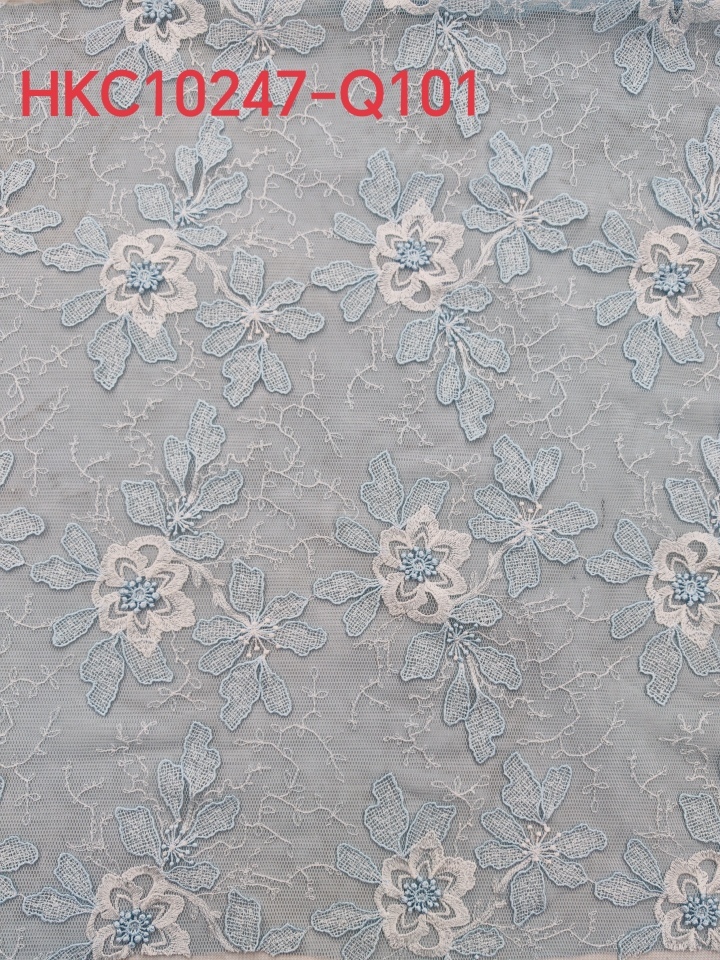 Beautiful embroidery with Blue White Flowers Patterns Plain Embroidery Fabric HKC10247