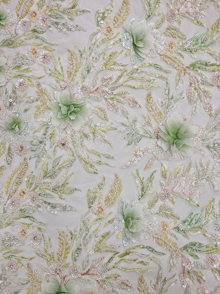 Natural Sequins Embroidery With Light And Green Flowers HKZ10267