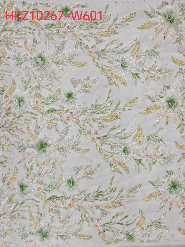 Natural Sequins Embroidery With Light And Green Flowers HKZ10267