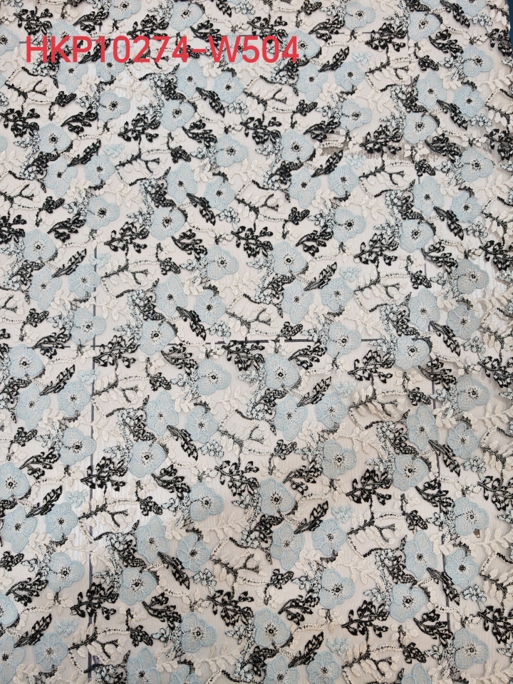 Light Blue And Black Flower Pattern With Plain Embroidery HKP10274  sequins embroidery factory