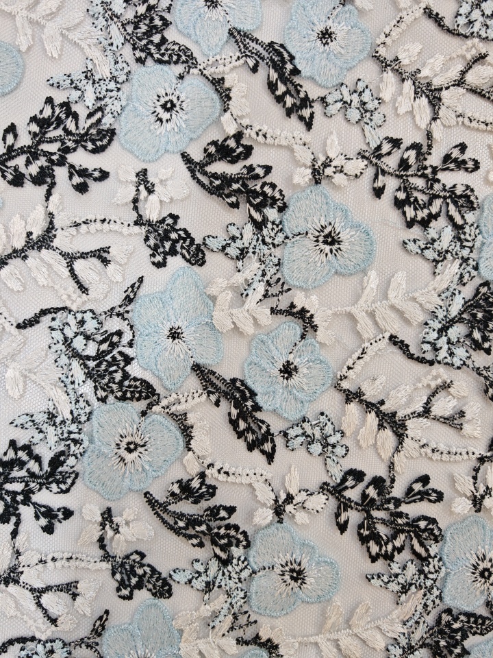 Light Blue And Black Flower Pattern With Plain Embroidery HKP10274  sequins embroidery factory