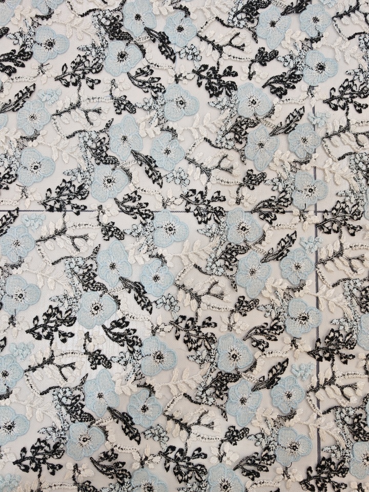 Light Blue And Black Flower Pattern With Plain Embroidery HKP10274  sequins embroidery factory