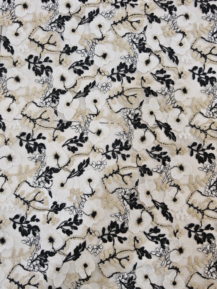Elegant White And Beige Flower Pattern With Plain Embroidery HKP10274  sequins embroidery factory