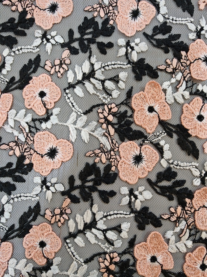 Flesh Pink And Black Flower Pattern With Plain Embroidery HKP10274  sequins embroidery factory
