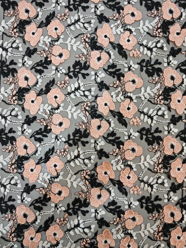 Flesh Pink And Black Flower Pattern With Plain Embroidery HKP10274  sequins embroidery factory