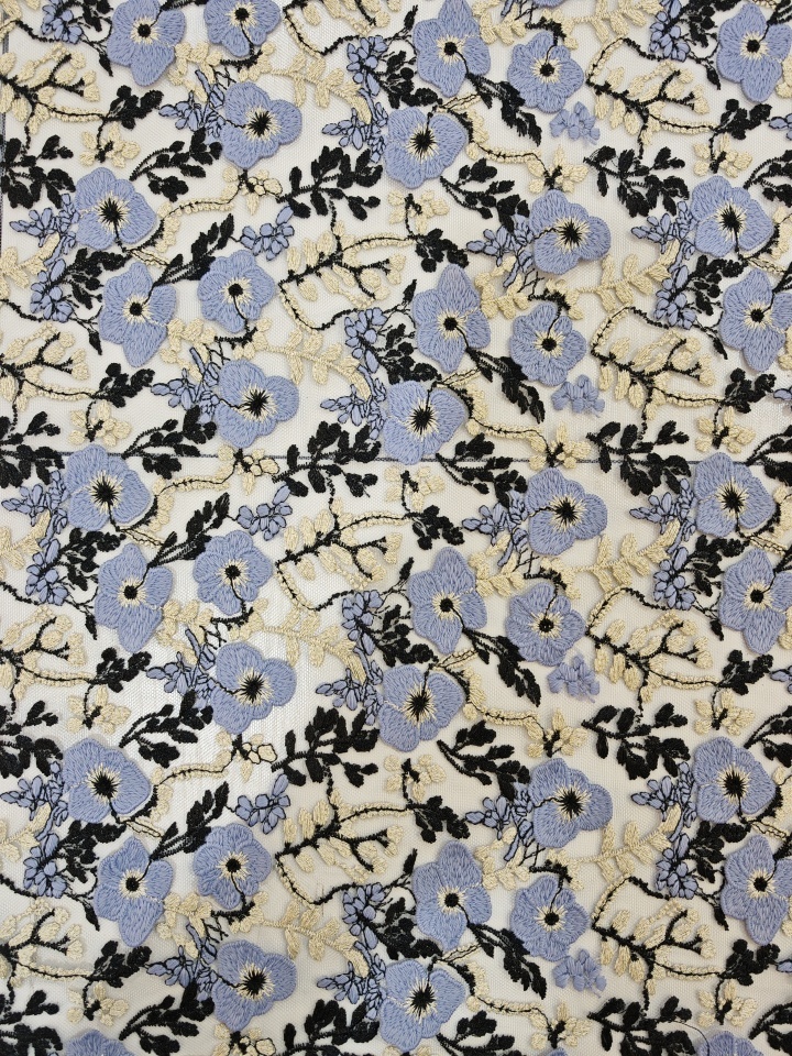 Elegant Blue And Black Flower Pattern With Plain Embroidery HKP10274  sequins embroidery factory