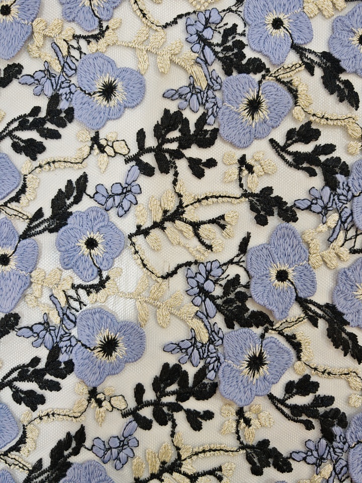 Elegant Blue And Black Flower Pattern With Plain Embroidery HKP10274  sequins embroidery factory