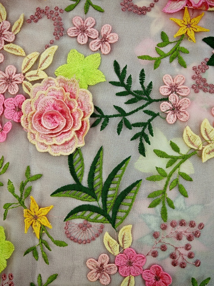 3D Plain Embroidery with colorful flowers HKP10298