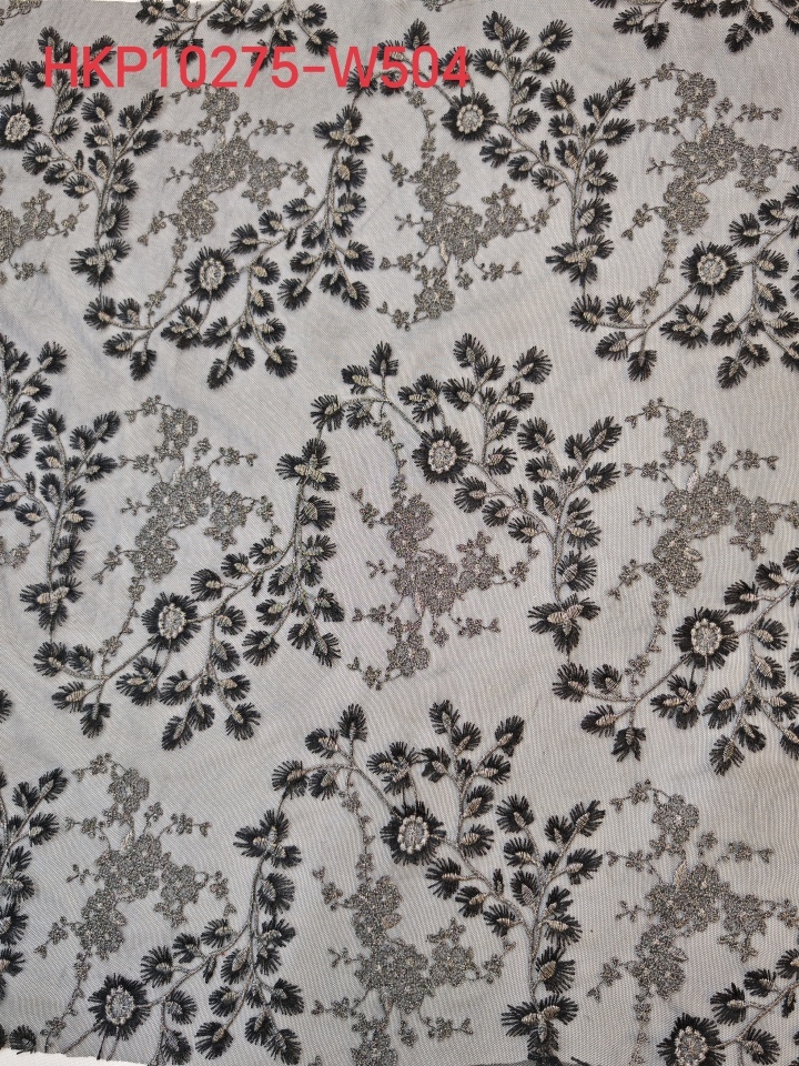 Beautiful Black And Gray Flower Pattern With Plain Embroidery HKP10275  sequins embroidery factory
