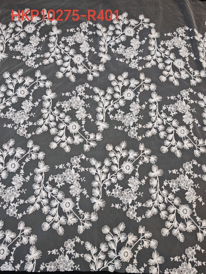 Elegant White Flower Pattern With Plain Embroidery HKP10275  sequins embroidery factory
