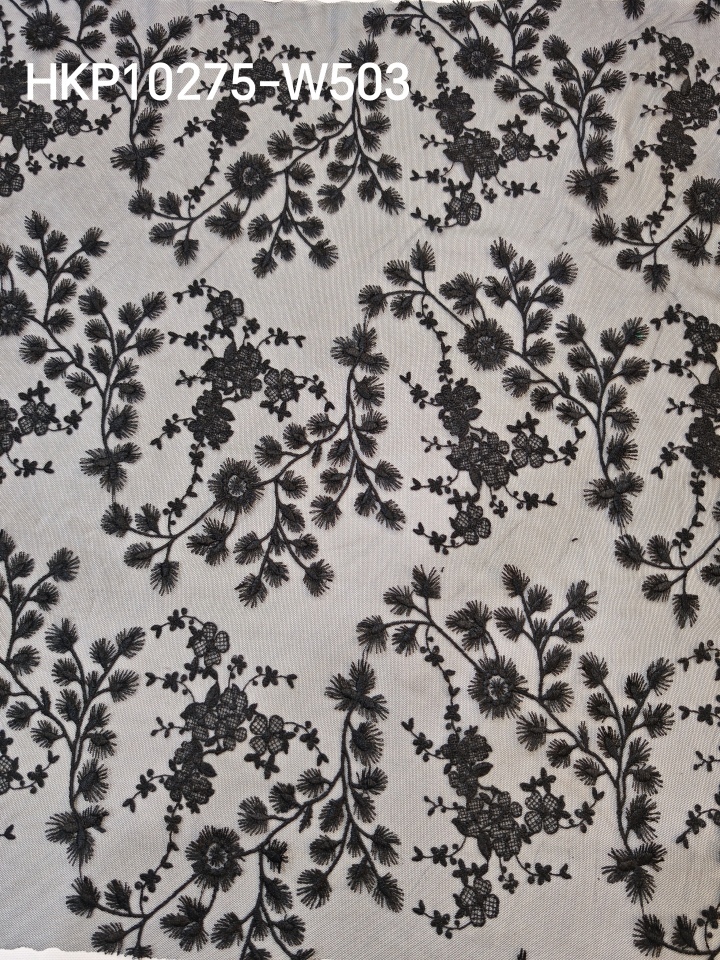 Elegant Black Flower Pattern With Plain Embroidery HKP10275  sequins embroidery factory