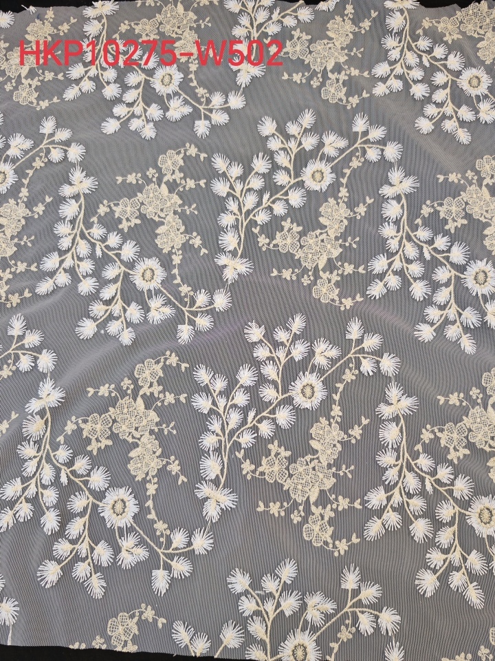 Elegant White And Beige Flower Pattern With Plain Embroidery HKP10275  sequins embroidery factory