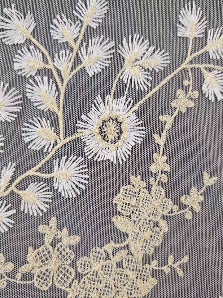 Elegant White And Beige Flower Pattern With Plain Embroidery HKP10275  sequins embroidery factory