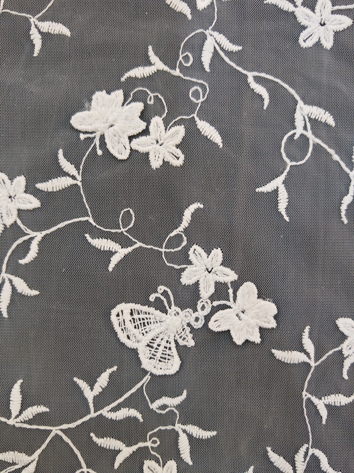 Vivid White Butterfly Pattern With Plain Embroidery HKP10278  sequins embroidery factory