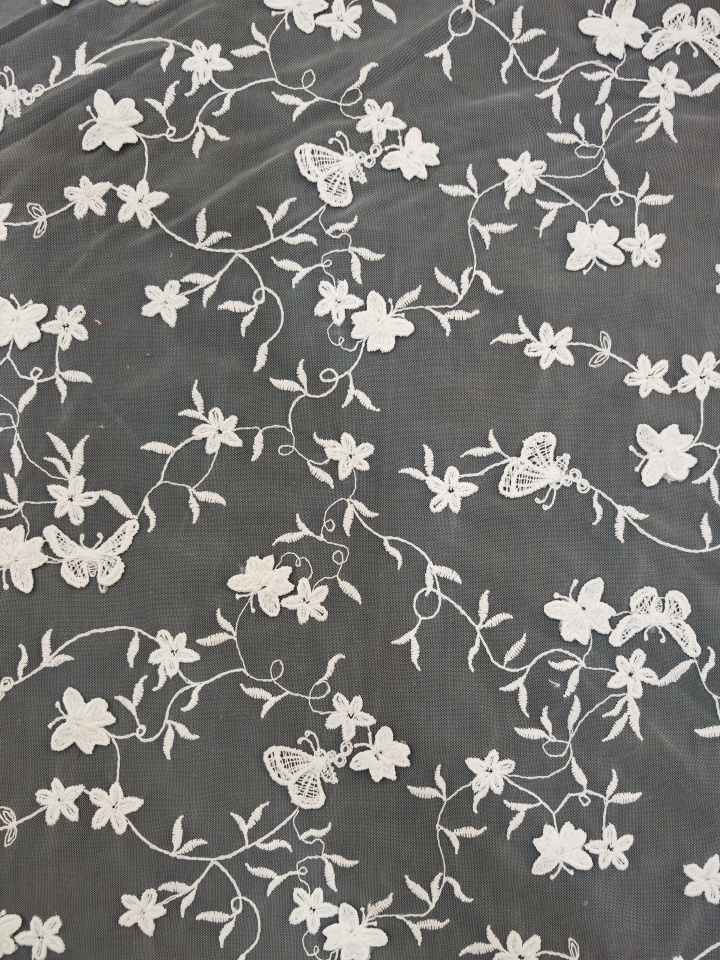 Vivid White Butterfly Pattern With Plain Embroidery HKP10278  sequins embroidery factory