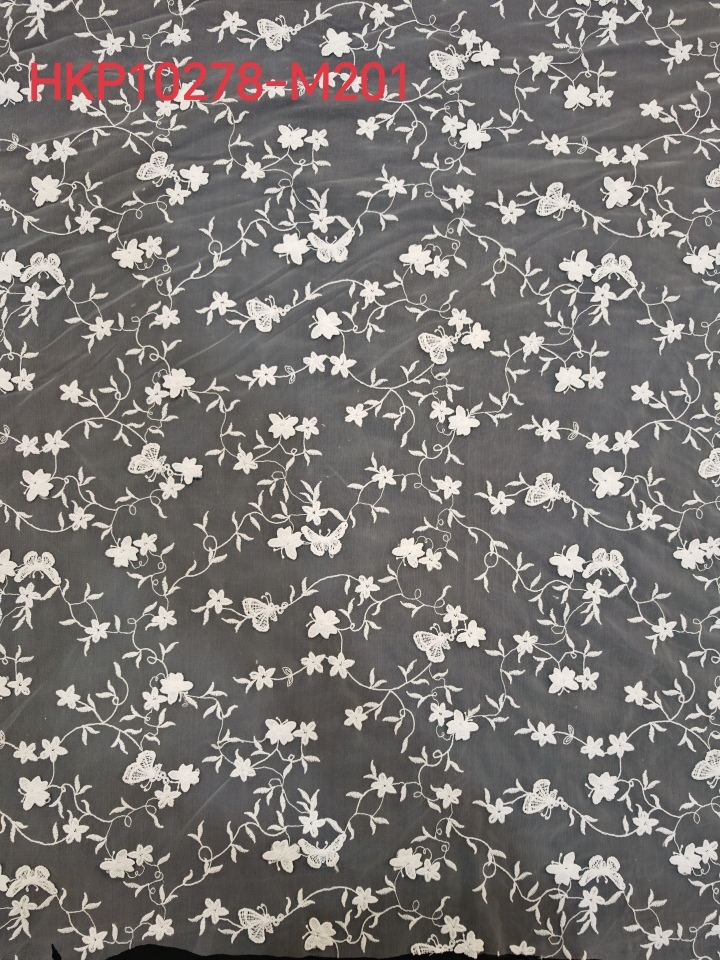 Vivid White Butterfly Pattern With Plain Embroidery HKP10278  sequins embroidery factory