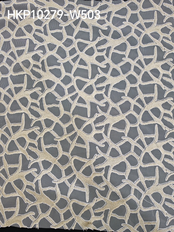 Beige Plain Embroidery With Irregular Pattern HKP10279  sequins embroidery factory