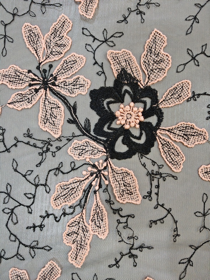 Natural Pink And Black 3D Flower with Plain Embroidery HKP10280  sequins embroidery factory