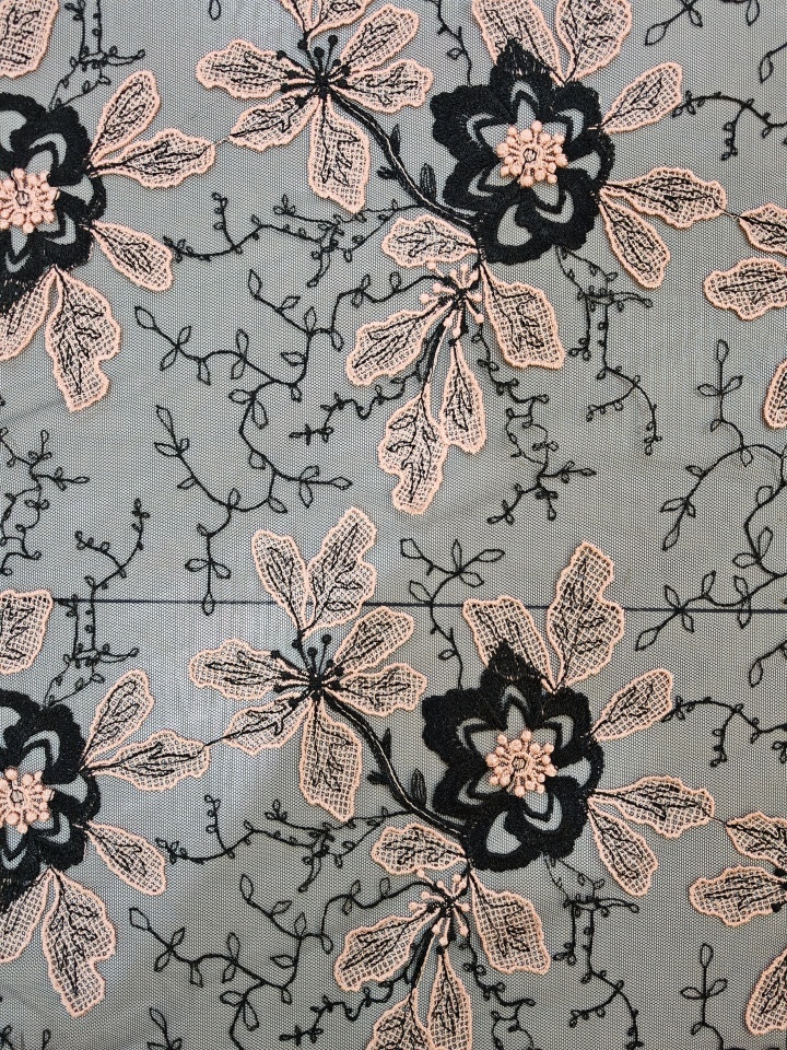 Natural Pink And Black 3D Flower with Plain Embroidery HKP10280  sequins embroidery factory