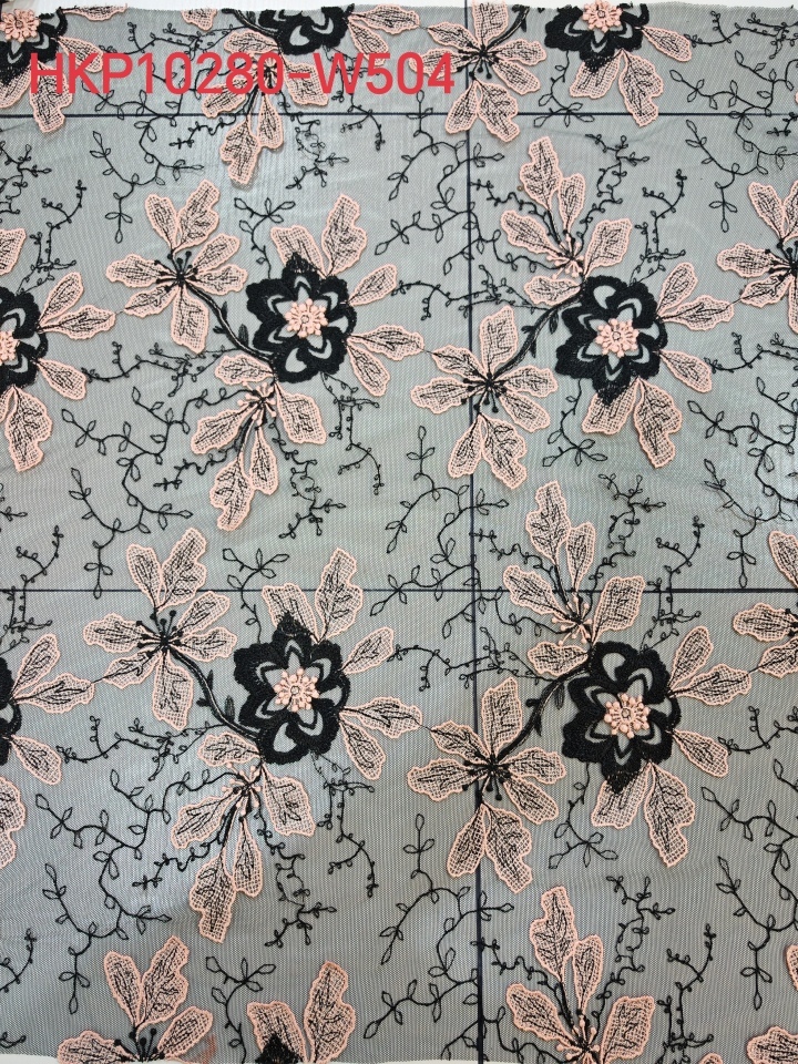 Natural Pink And Black 3D Flower with Plain Embroidery HKP10280  sequins embroidery factory