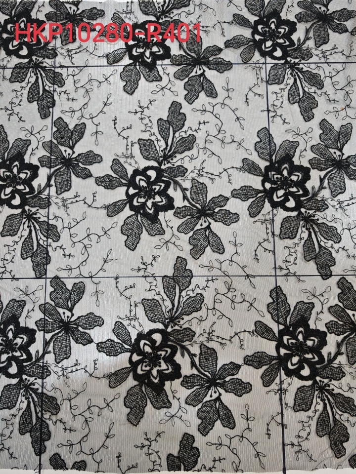 Natural Black 3D Flower with Plain Embroidery HKP10280  sequins embroidery factory