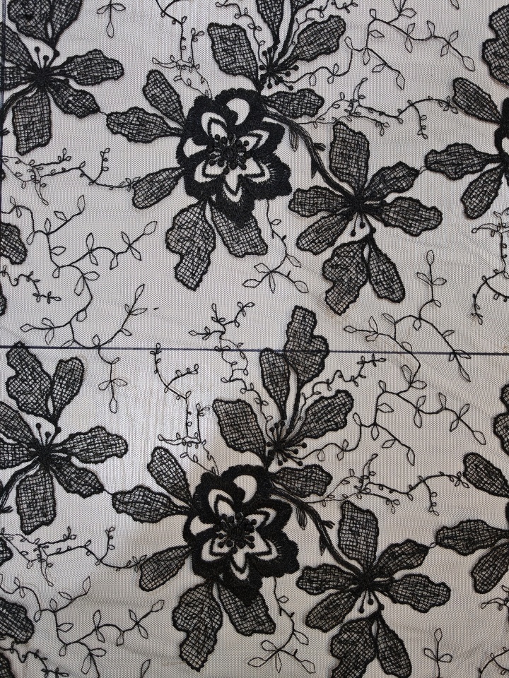 Natural Black 3D Flower with Plain Embroidery HKP10280  sequins embroidery factory