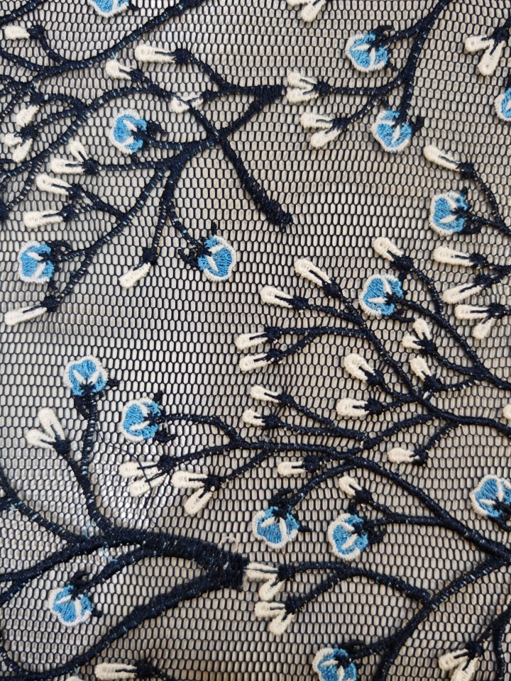 Classical Blue And Black Flower with Black Mesh HKP10281  sequins embroidery factory