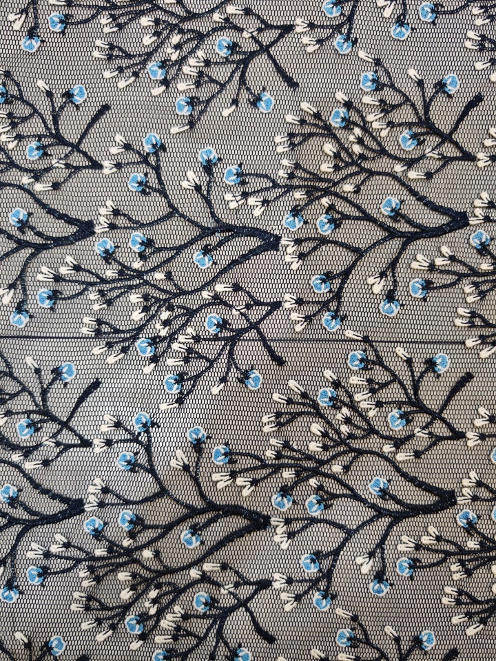 Classical Blue And Black Flower with Black Mesh HKP10281  sequins embroidery factory