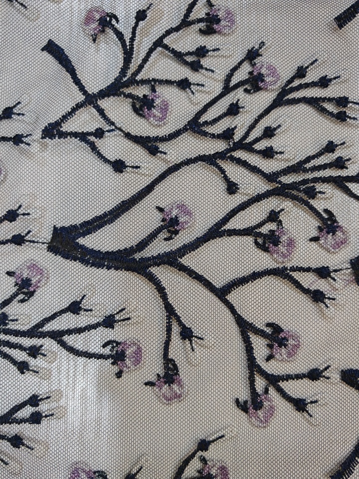 Classical Pink And Black Flower with Black Mesh HKP10281  sequins embroidery factory