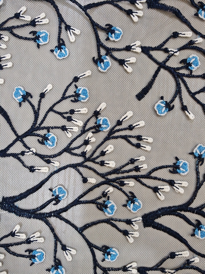 Classical Blue And Black Flower with Plain Embroidery HKP10281  sequins embroidery factory