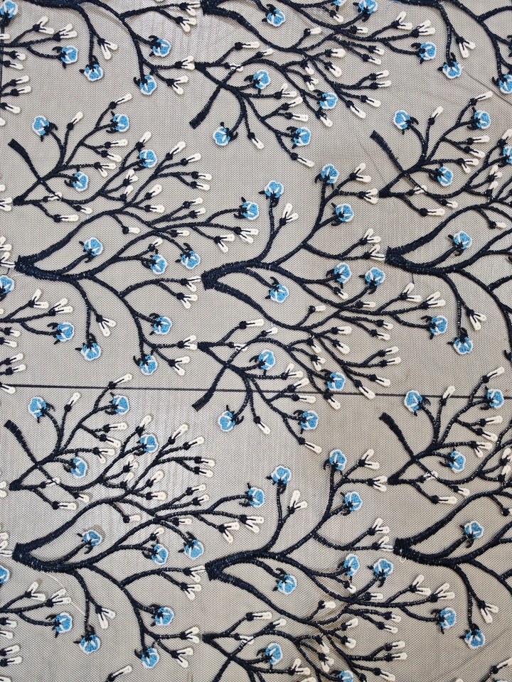 Classical Blue And Black Flower with Plain Embroidery HKP10281  sequins embroidery factory
